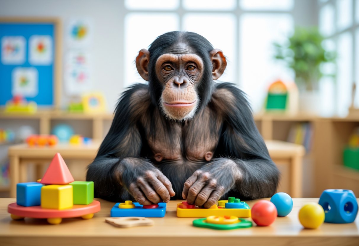A chimpanzee sitting at a table playing with colorful educational toys in a bright, child-friendly room.