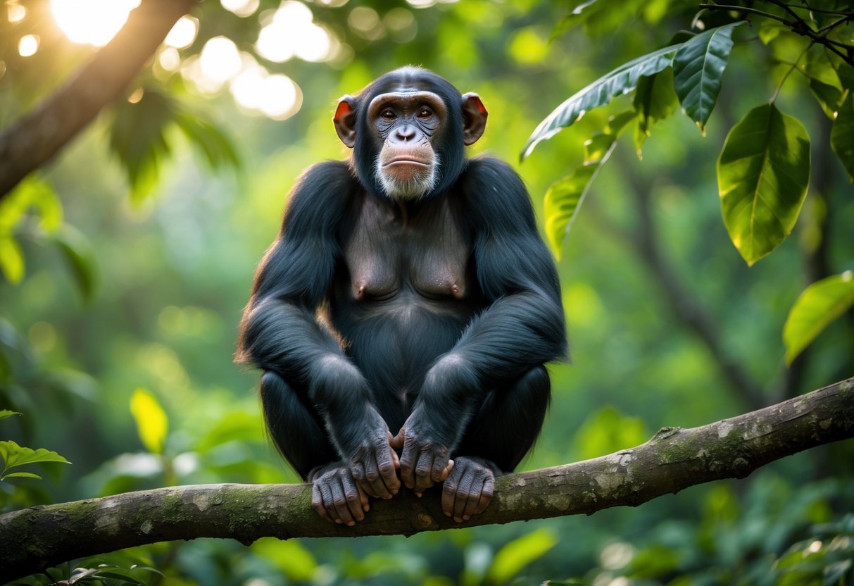 An adult chimpanzee sitting on a tree branch in a green forest, looking thoughtfully upwards.