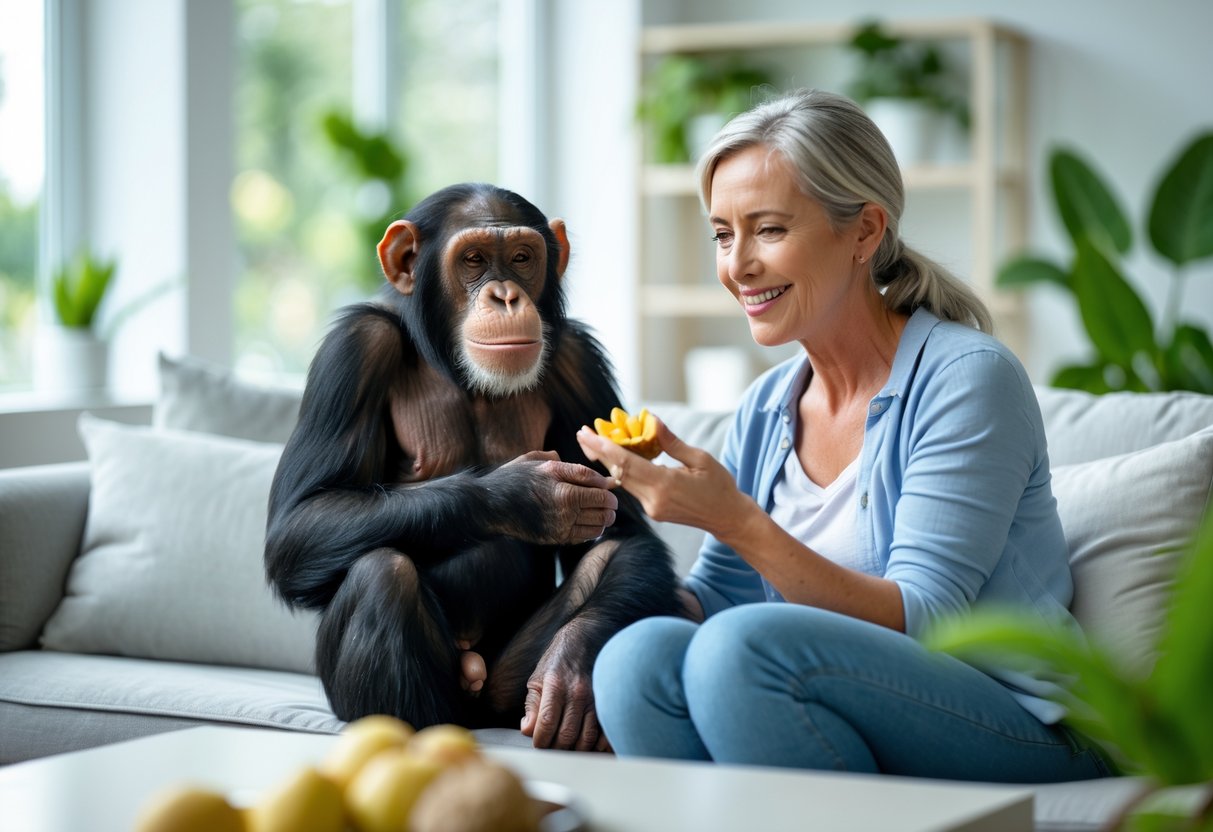 A chimpanzee sitting in a living room with a smiling adult human offering it a piece of fruit.