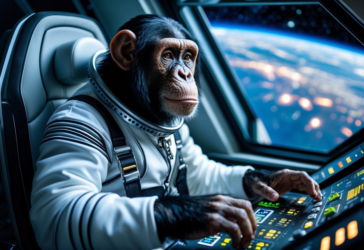 A chimpanzee wearing an astronaut suit inside a spacecraft cockpit looking at control panels with a view of Earth and stars through the window.