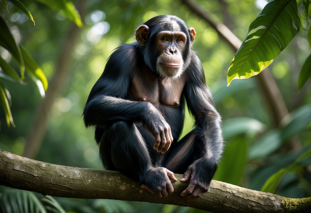 An adult chimpanzee sitting on a tree branch in a green forest surrounded by dense foliage.