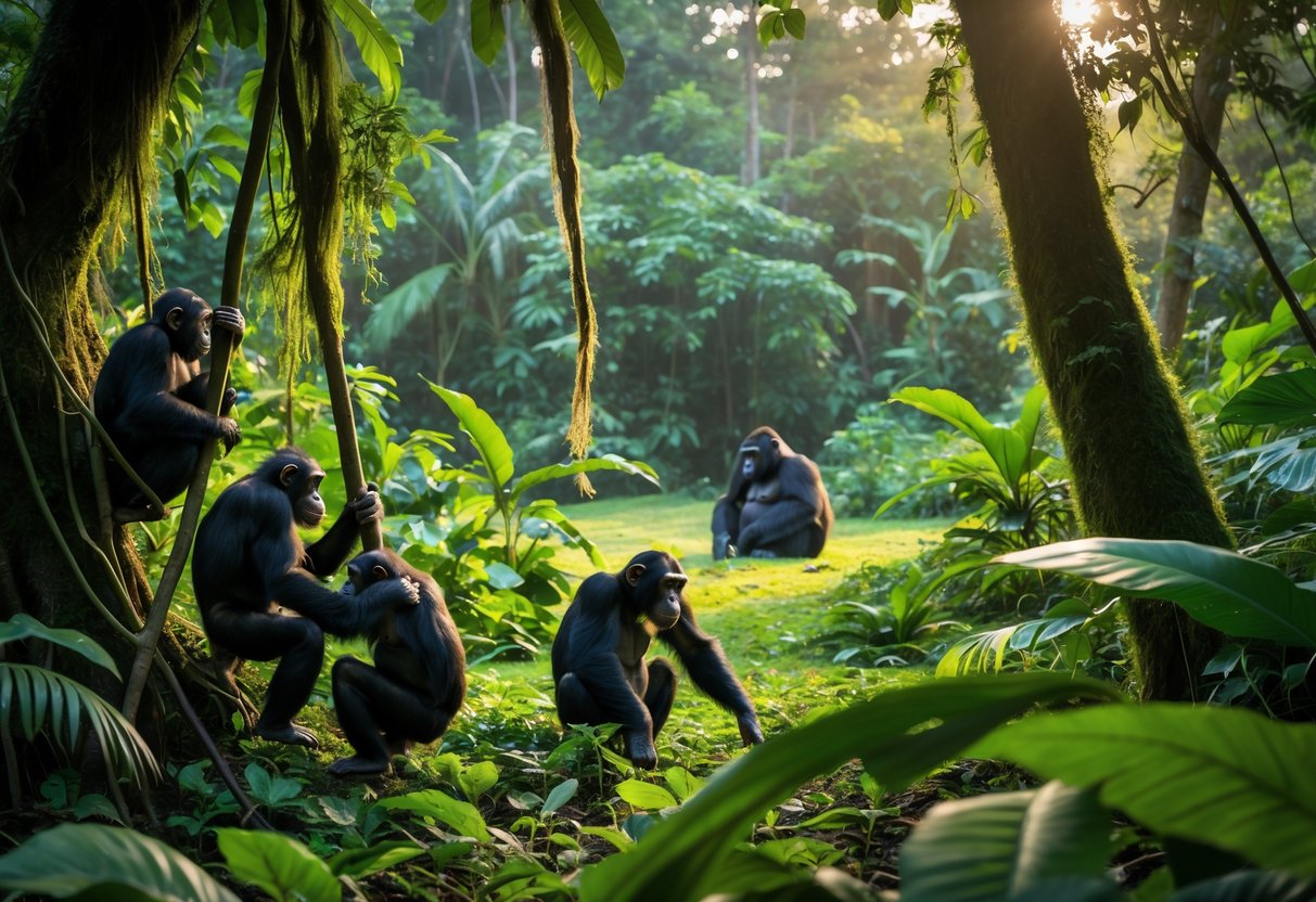 Chimpanzees and gorillas peacefully coexist in a lush tropical rainforest setting.