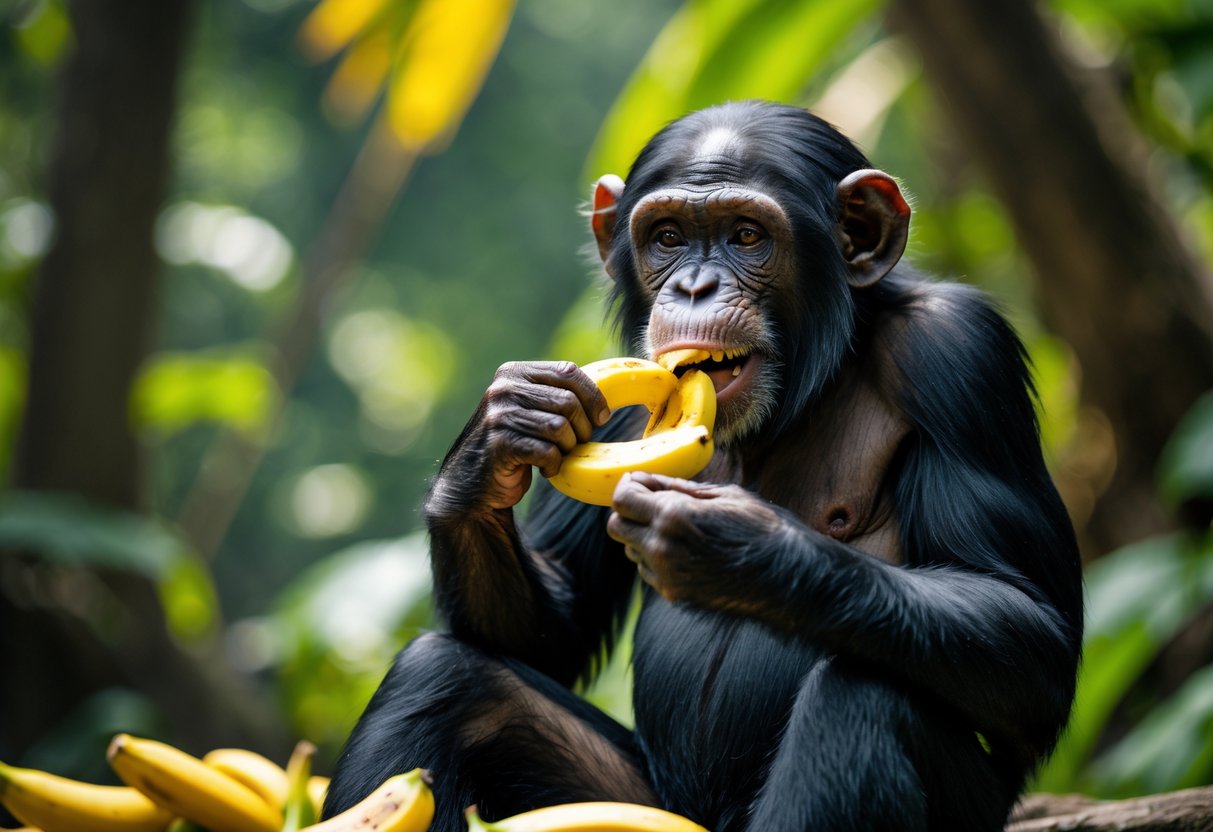 A chimpanzee eating bananas in a jungle setting surrounded by green foliage.