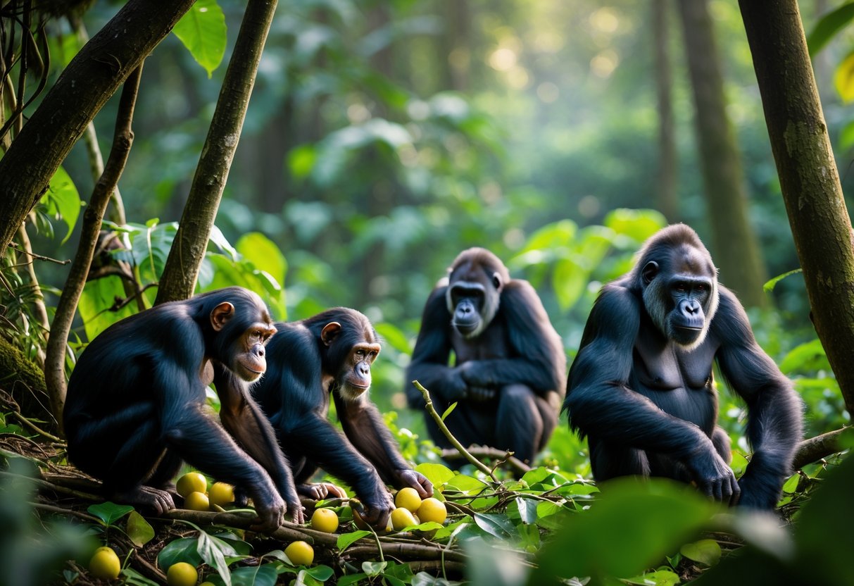 A group of chimpanzees and gorillas peacefully interacting in a dense green forest.