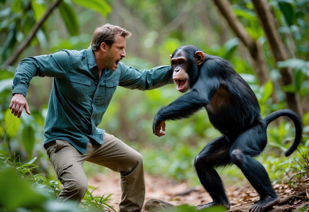 A man in outdoor clothing defensively shielding himself from an aggressive chimpanzee lunging at him in a forest setting.