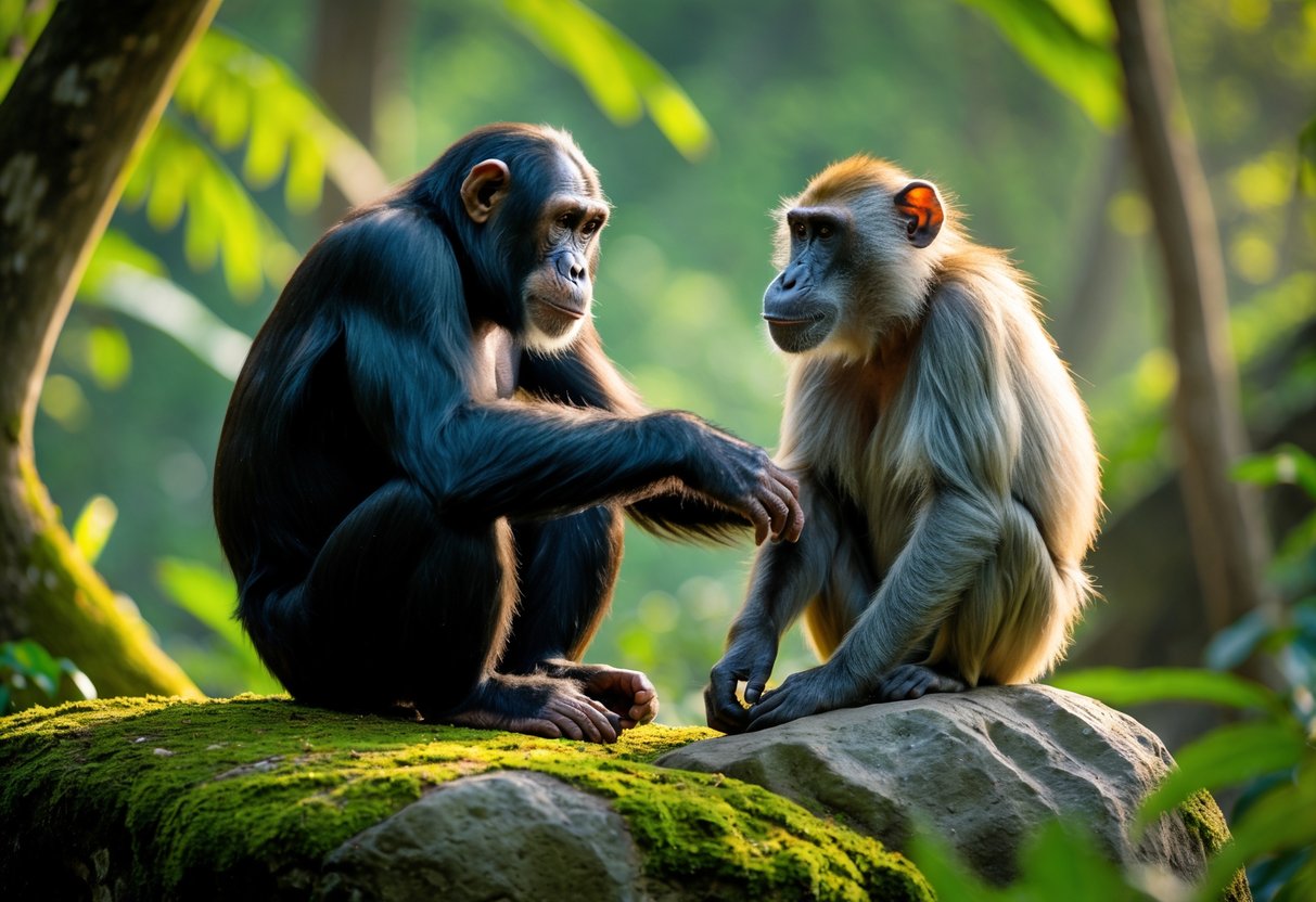 A chimpanzee and a baboon sitting close together on a rock in a forest, with the chimpanzee grooming the baboon.