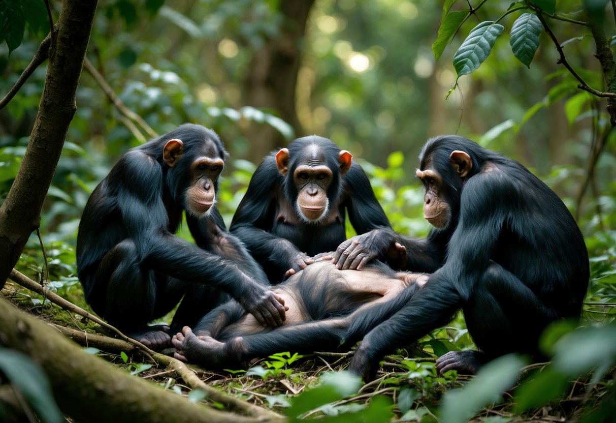 A group of chimpanzees gathered around a lifeless chimpanzee on the forest floor, showing signs of mourning.
