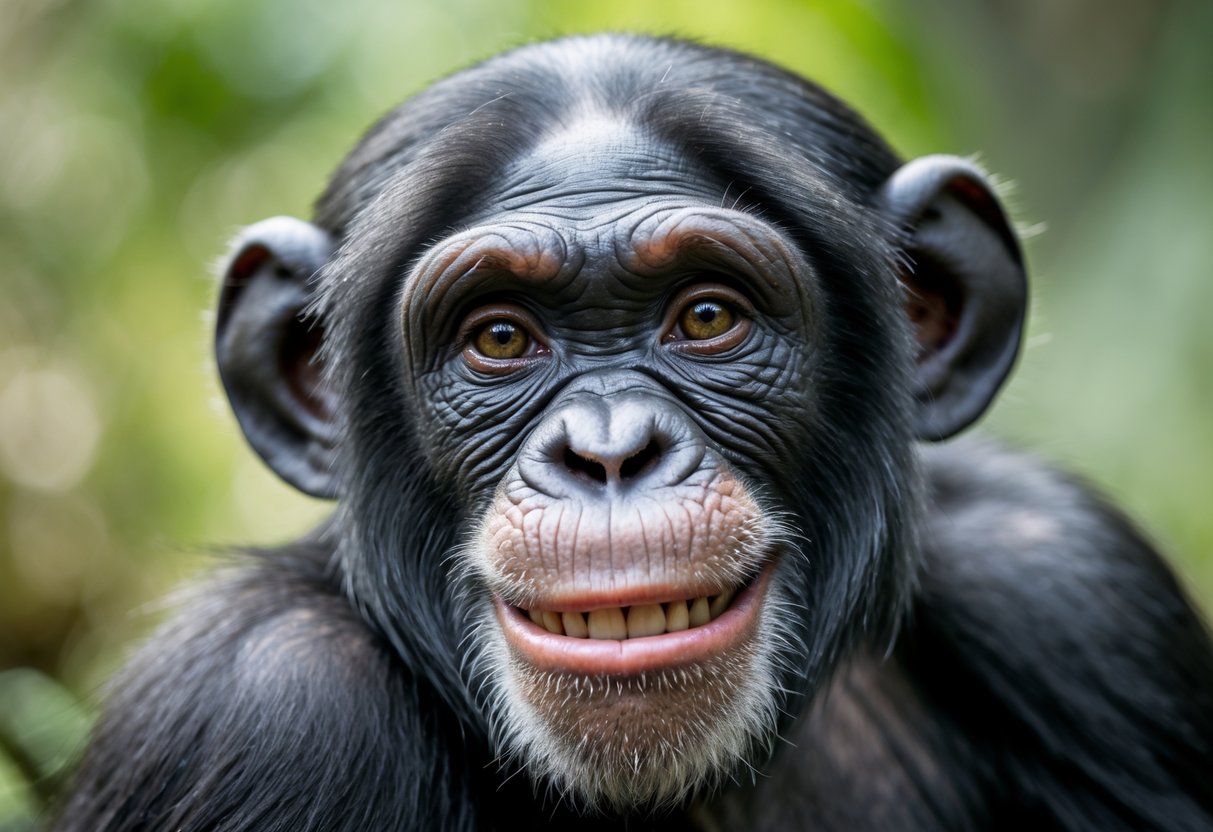 A chimpanzee smiling gently while looking directly at the camera with a blurred green background.