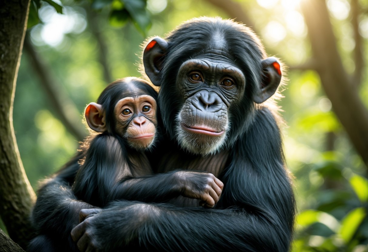 A chimpanzee mother holding her baby in a forest environment.