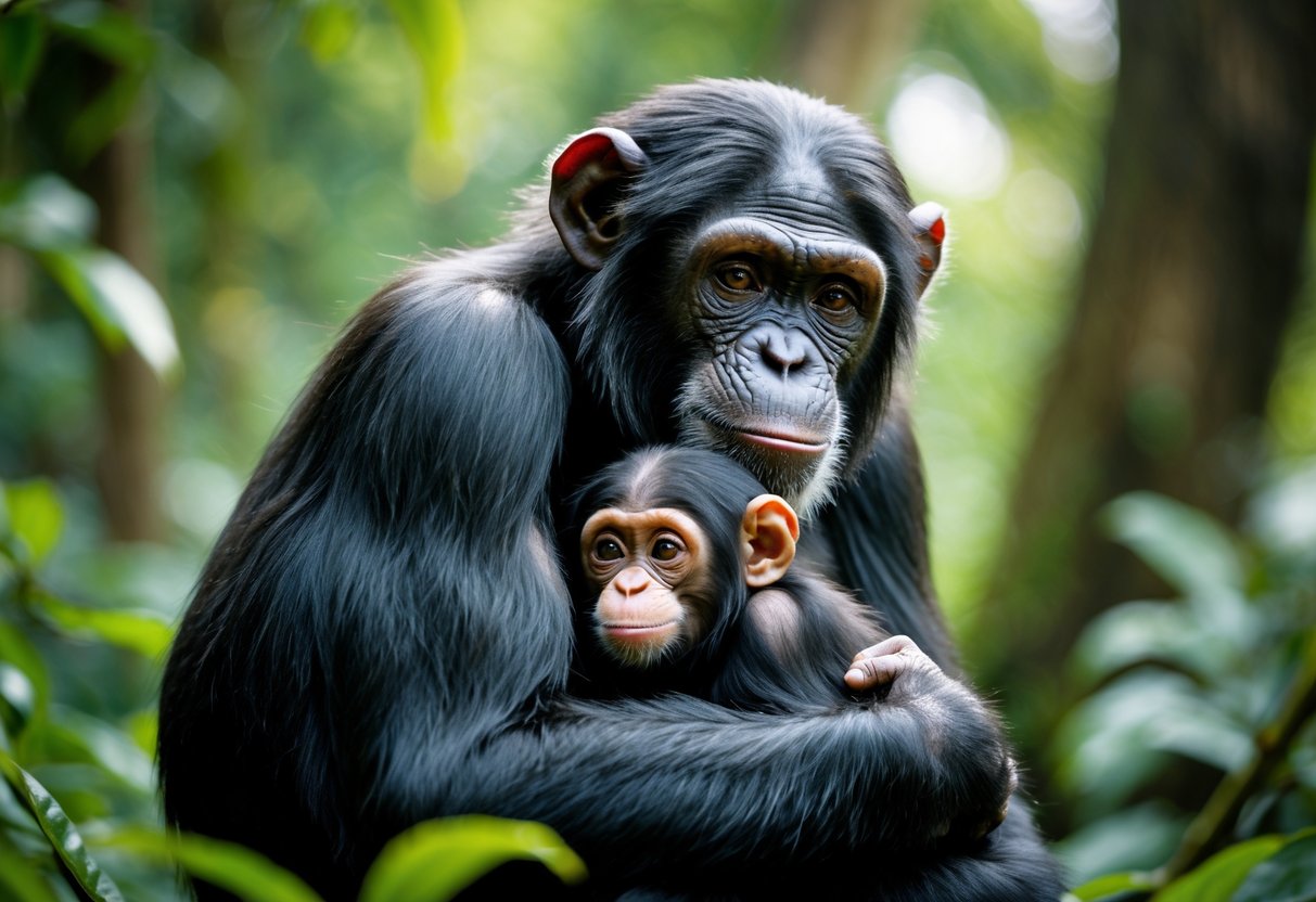 An adult chimpanzee mother holding her baby chimpanzee in a green forest.