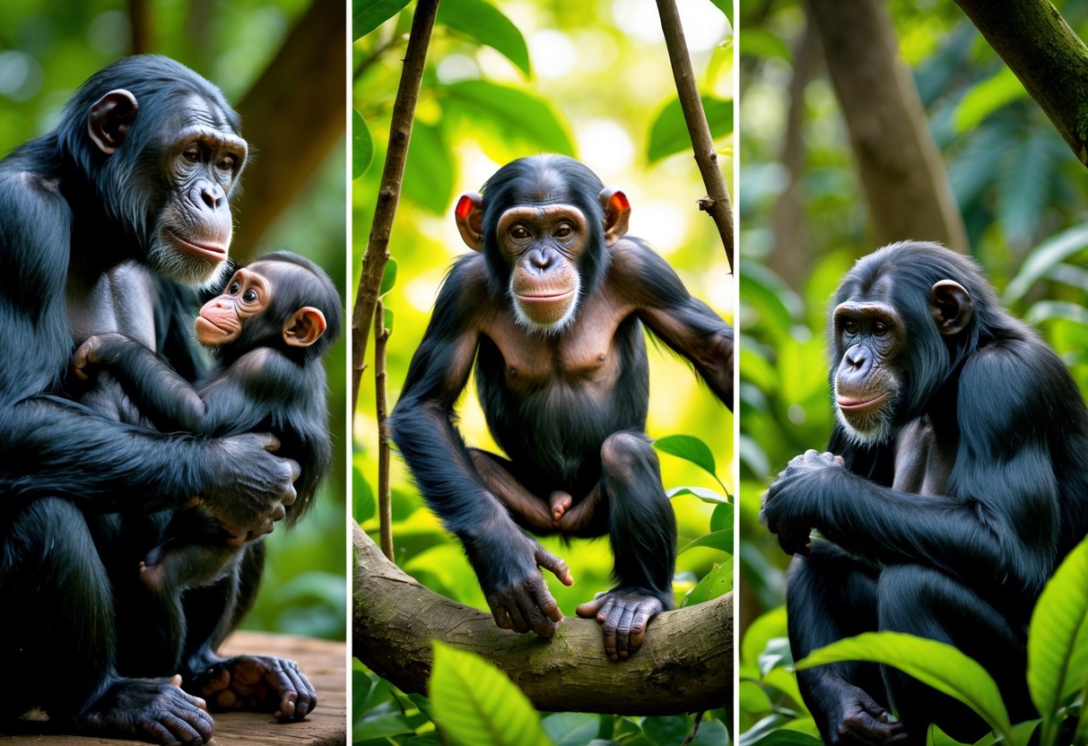 A mother chimpanzee holding a baby chimpanzee, a young chimpanzee playing in the forest, and an adult chimpanzee couple interacting in a jungle setting.