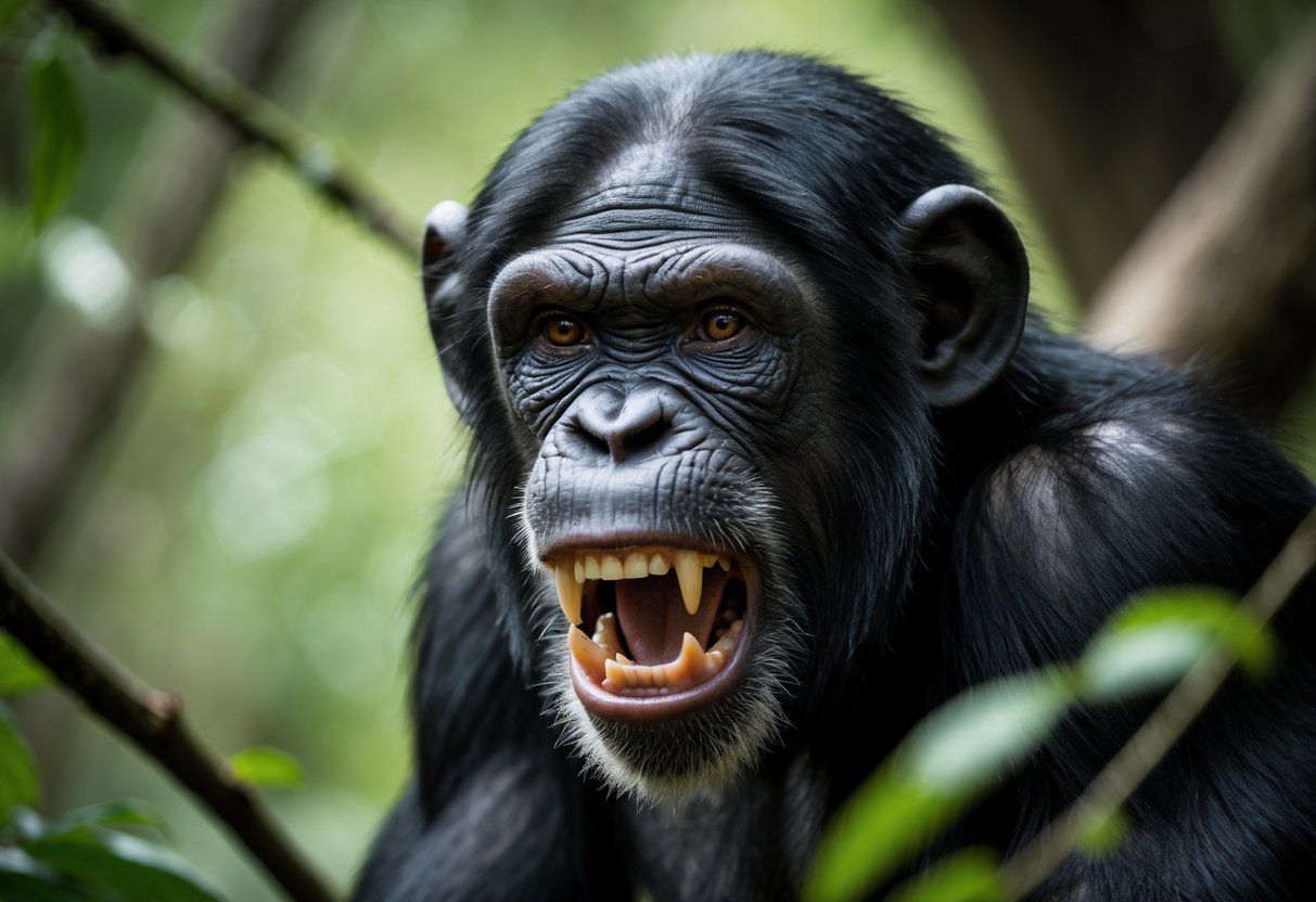 A chimpanzee showing an aggressive expression with bared teeth in a forest setting.