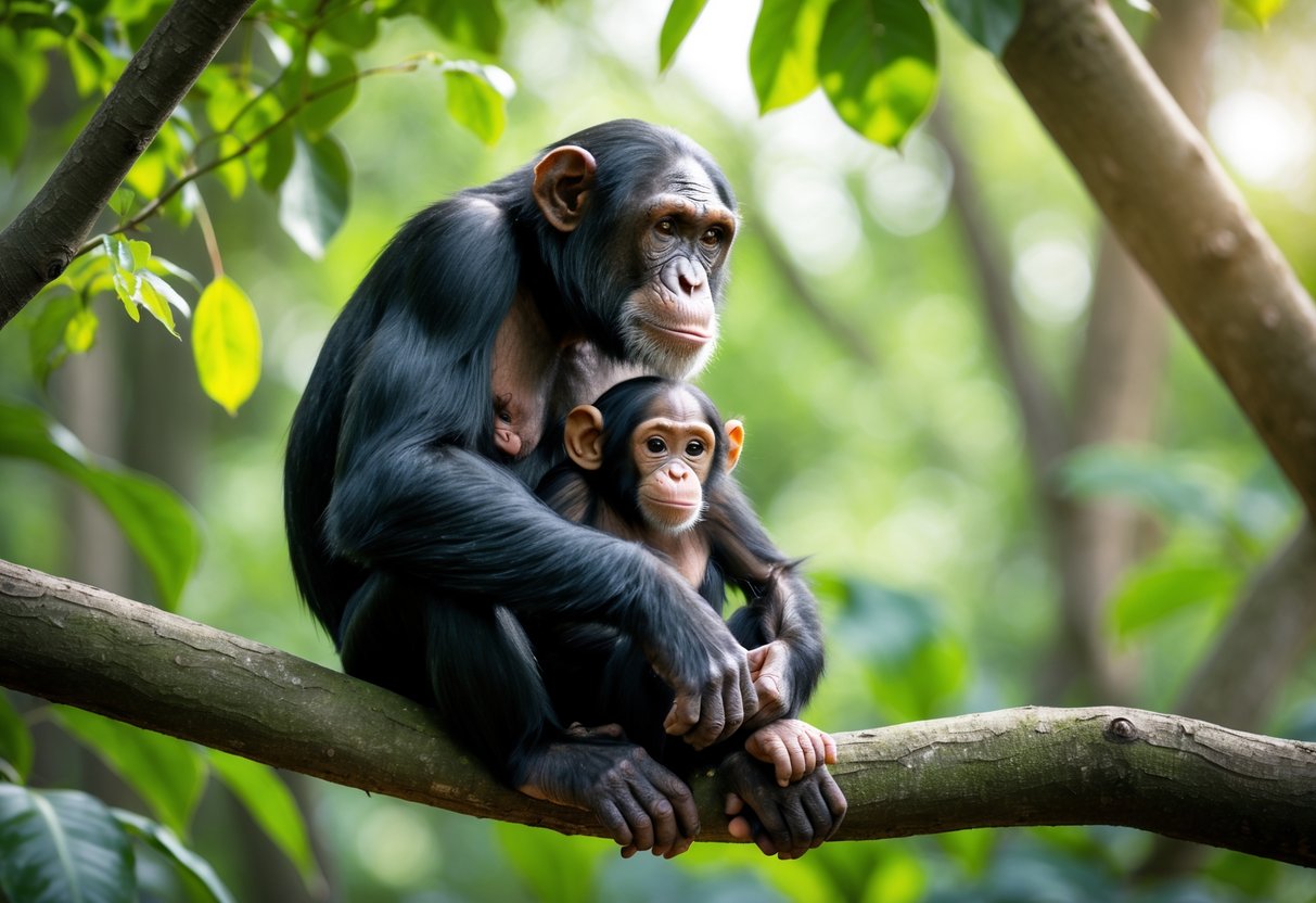 A chimpanzee mother holding her newborn baby chimpanzee in a forest.