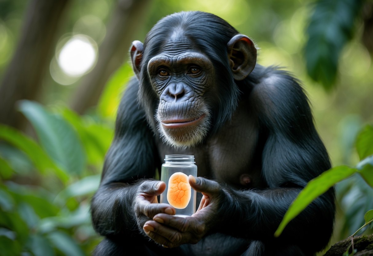 A chimpanzee gently holding a small transparent container with a human embryo inside, sitting in a natural green environment.