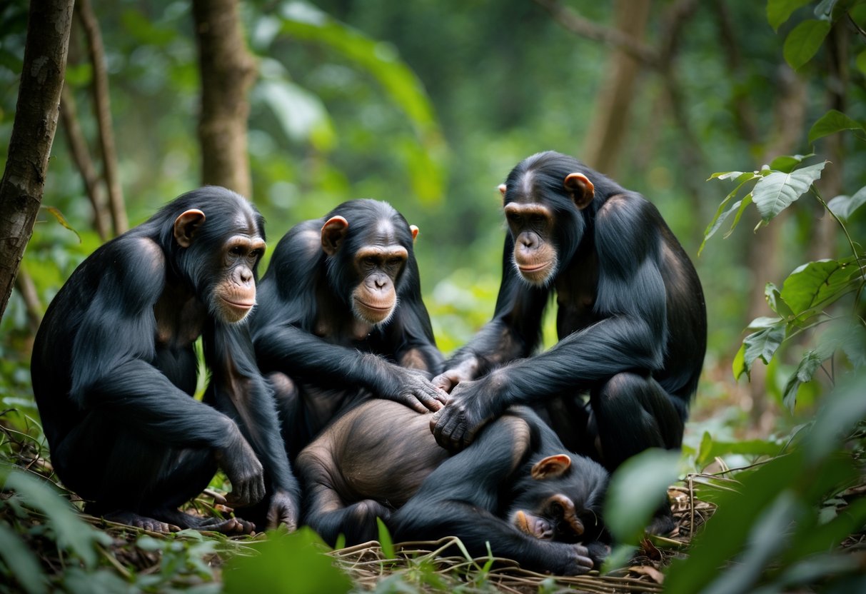 A group of chimpanzees gathered around a deceased chimpanzee in a forest, showing gentle and mournful behavior.