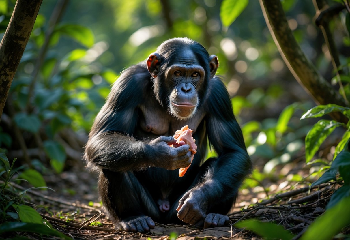 A chimpanzee sitting on the forest floor holding a piece of raw meat surrounded by green plants.