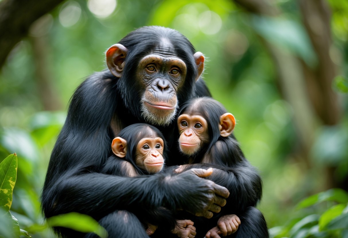 A chimpanzee mother holding two baby chimpanzees in a forest setting.