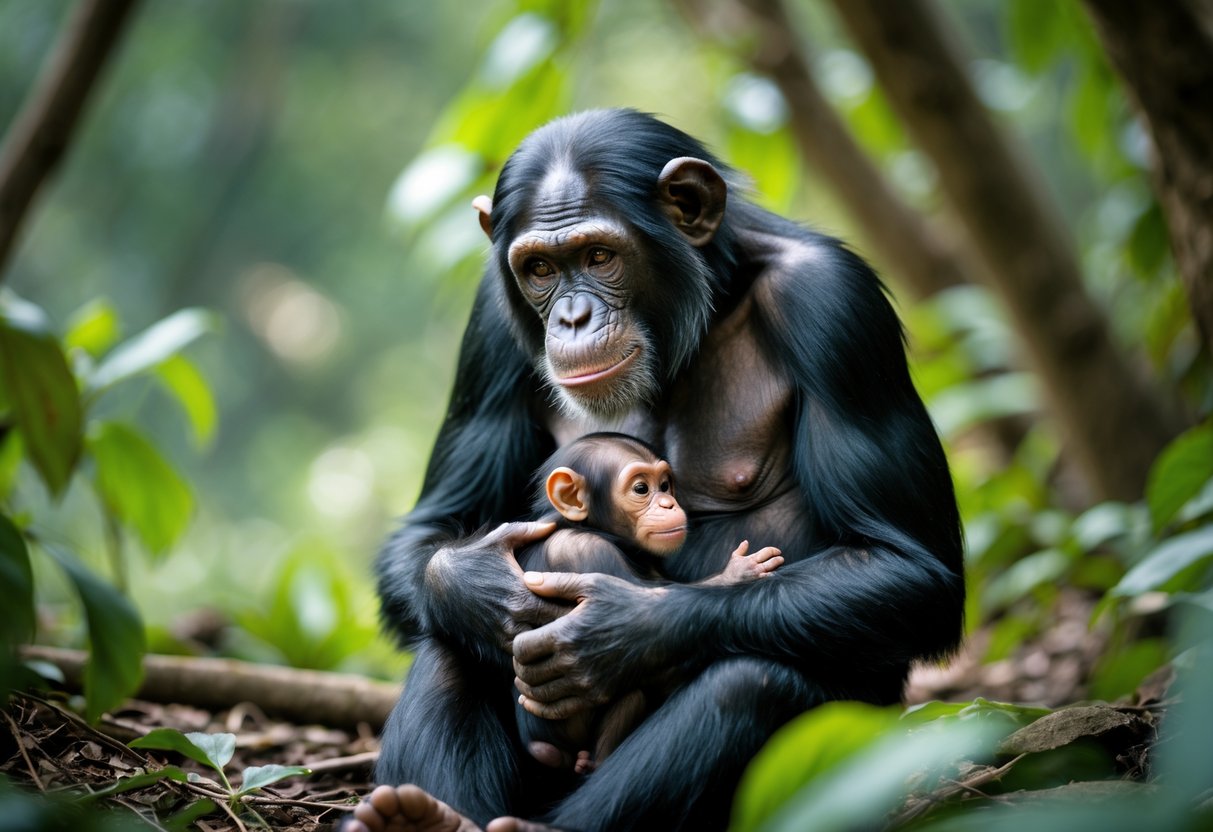 A chimpanzee mother gently holding her newborn baby chimpanzee in a forest setting.