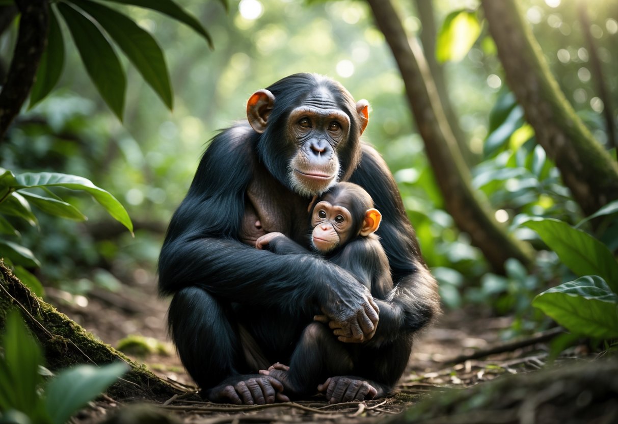 A chimpanzee mother holding her baby closely in a green forest setting.