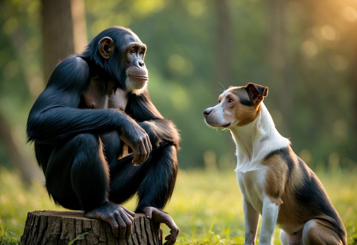 A chimpanzee and a dog sitting outdoors facing each other in a natural setting.