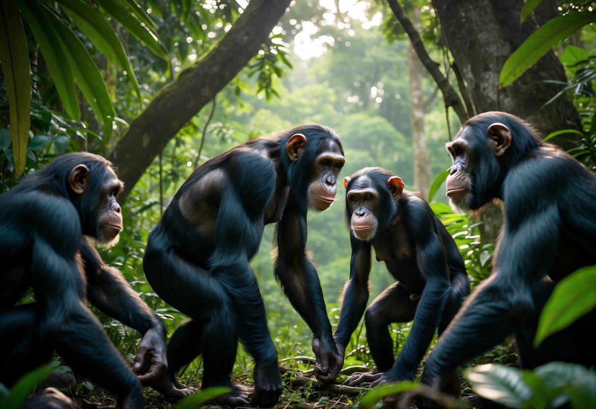 A dominant male chimpanzee interacting assertively with a female chimpanzee in a jungle setting while other chimpanzees watch.