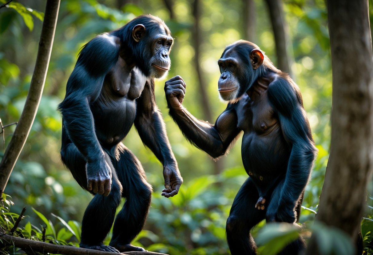 A male chimpanzee displaying dominant behavior towards a female chimpanzee in a forest setting.