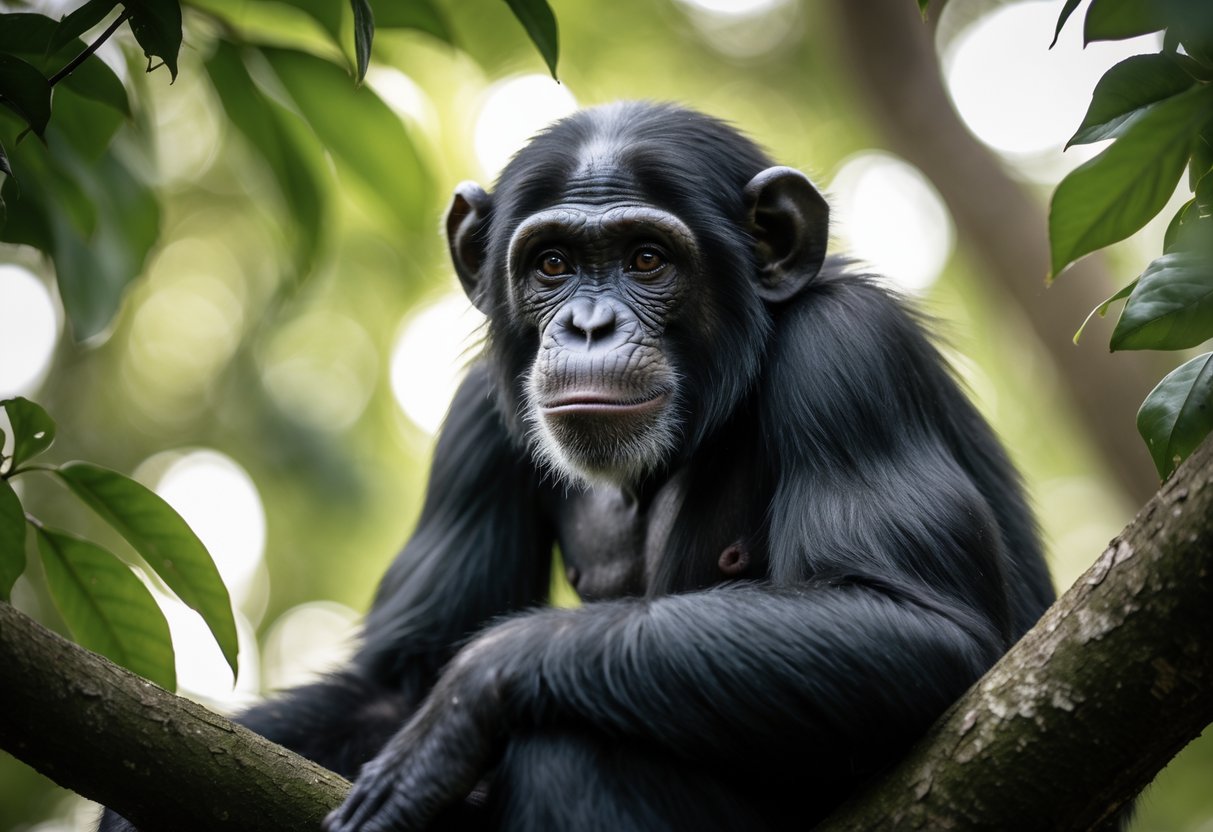 Close-up of a chimpanzee sitting on a tree branch surrounded by green leaves in a forest.