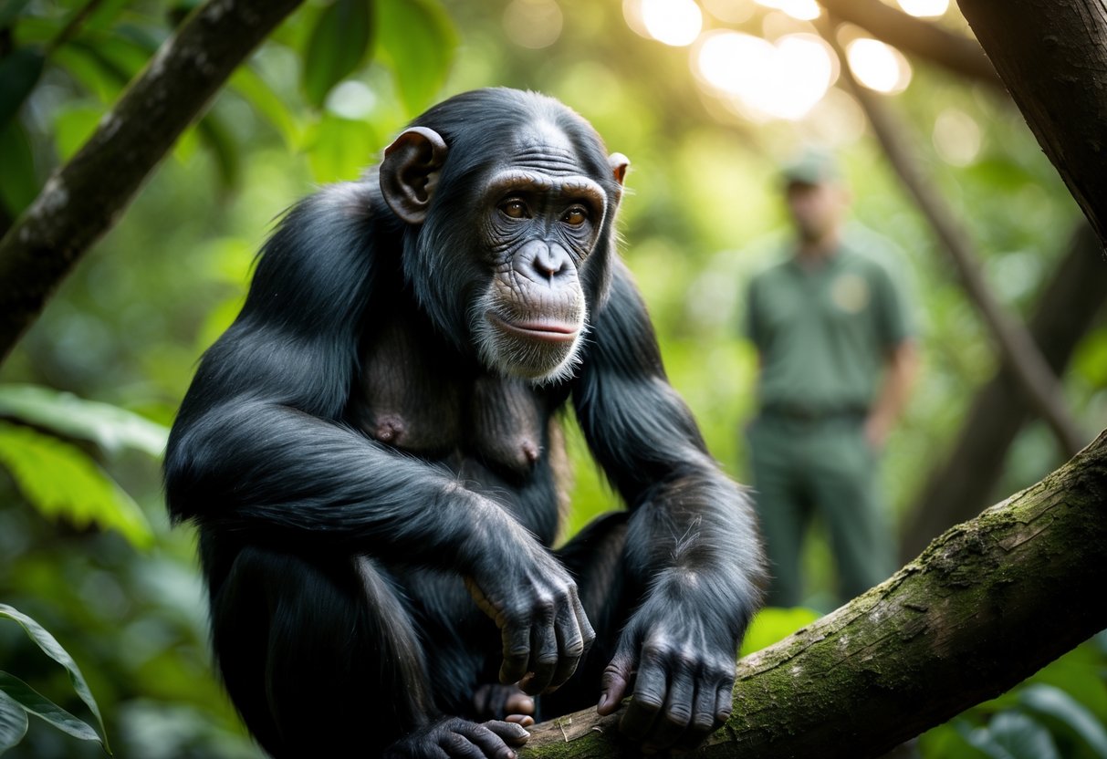 A close-up of a chimpanzee sitting on a tree branch surrounded by green forest vegetation.