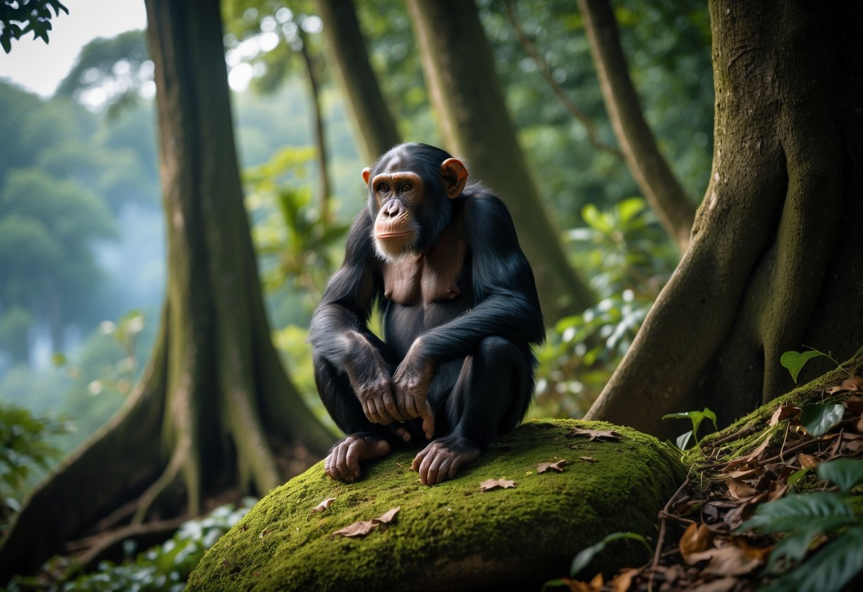 A chimpanzee sitting on a mossy rock in a dense forest, surrounded by tall trees and greenery.