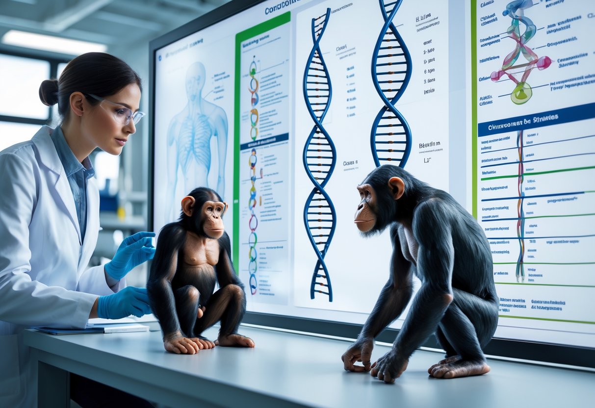 A scientist in a laboratory examining DNA models next to realistic representations of a chimpanzee and a human, with anatomical charts in the background.