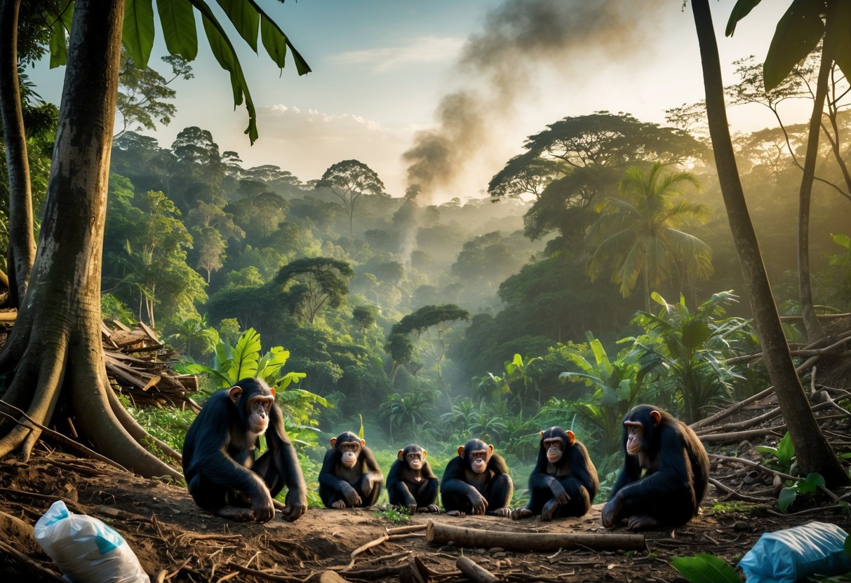 A group of chimpanzees in a tropical forest with areas of deforestation and signs of human impact in the background.
