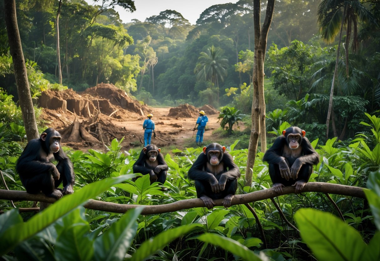 A group of chimpanzees in a tropical forest with areas of deforestation and conservation workers planting trees nearby.