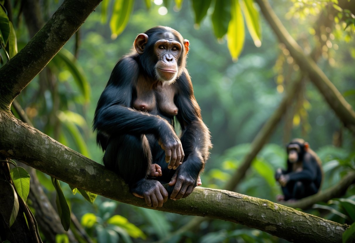 A mature female chimpanzee sitting on a tree branch in a green forest, looking calm and thoughtful.