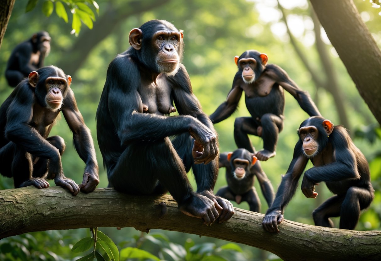 A mature female chimpanzee sitting on a tree branch surrounded by younger chimpanzees playing in a forest.