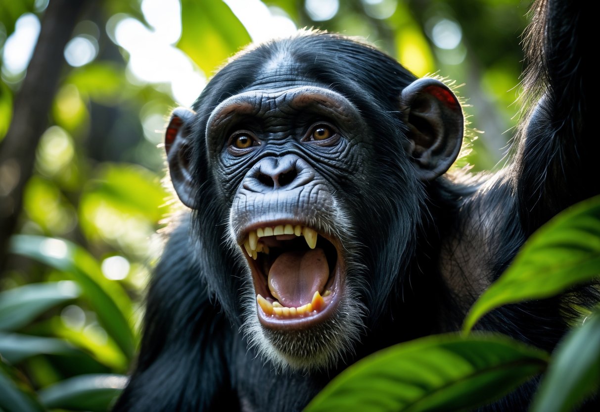 A wild chimpanzee in a forest screaming with its mouth open and eyes wide.