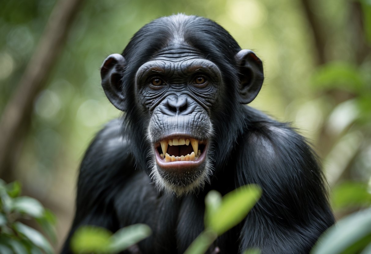 Close-up of a young adult chimpanzee showing subtle aggressive expression in a forest setting.