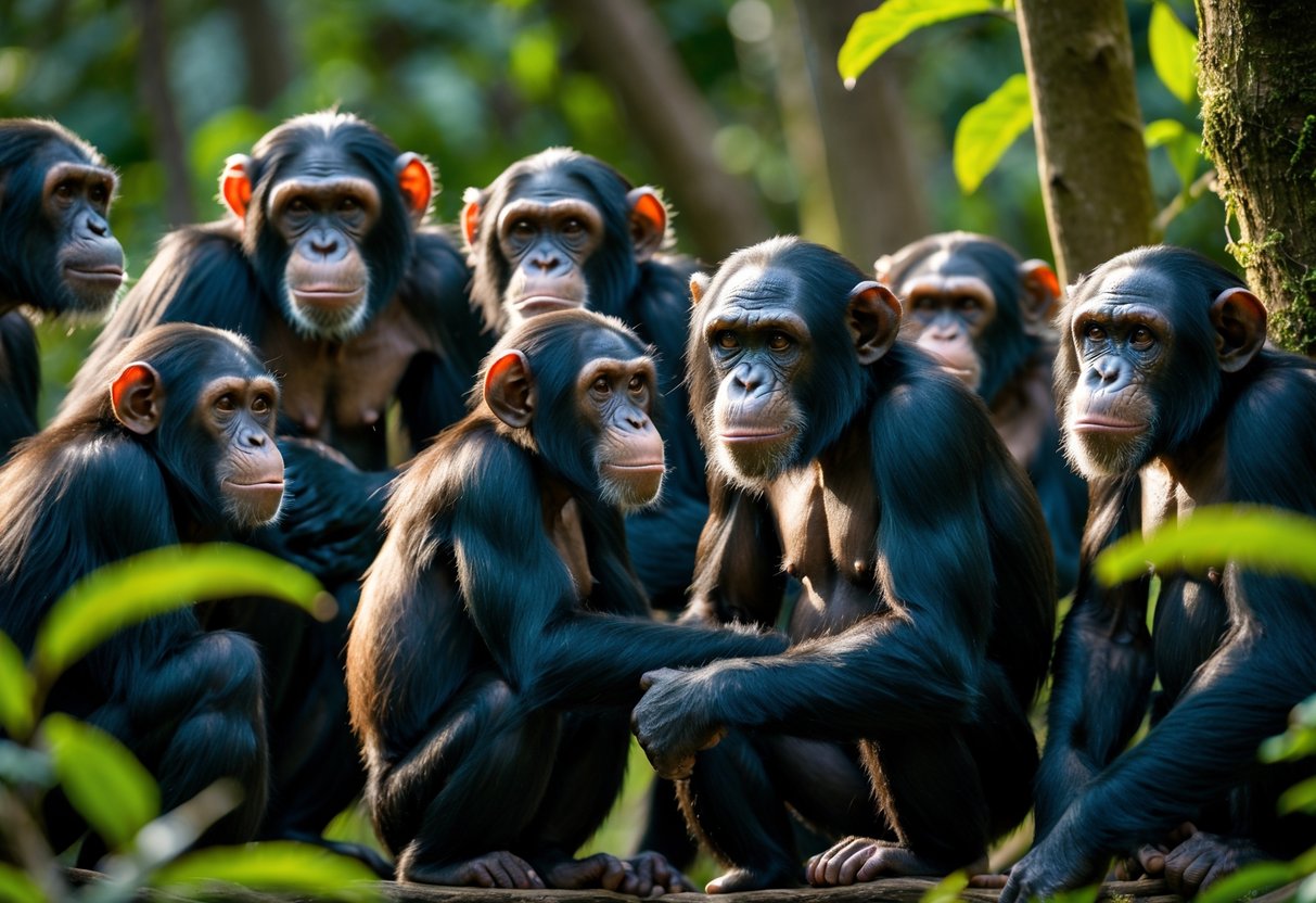 A group of chimpanzees of different ages interacting in a forest, with one adolescent showing signs of aggression.