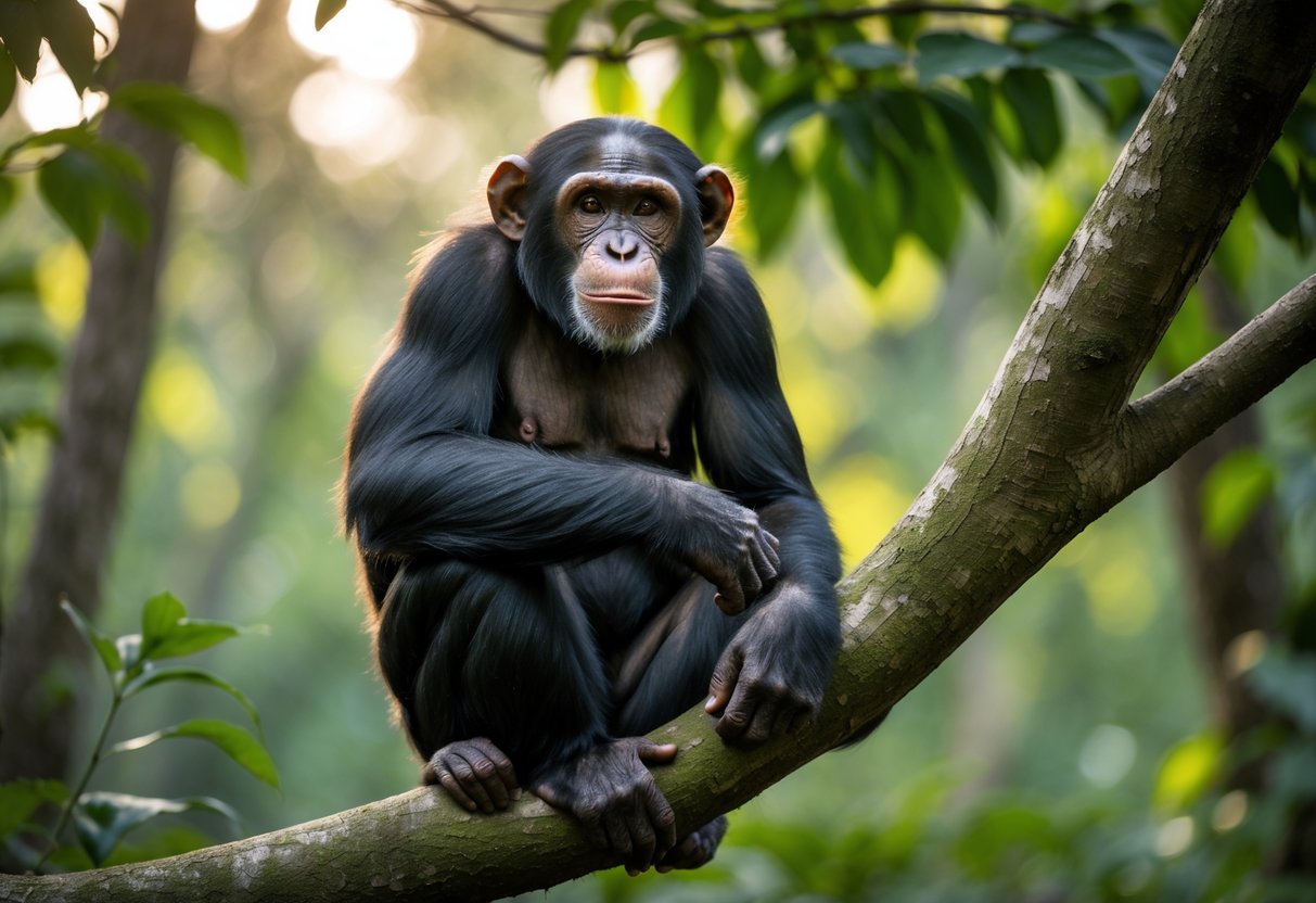 A chimpanzee sitting calmly on a tree branch in a green forest, looking curiously ahead.