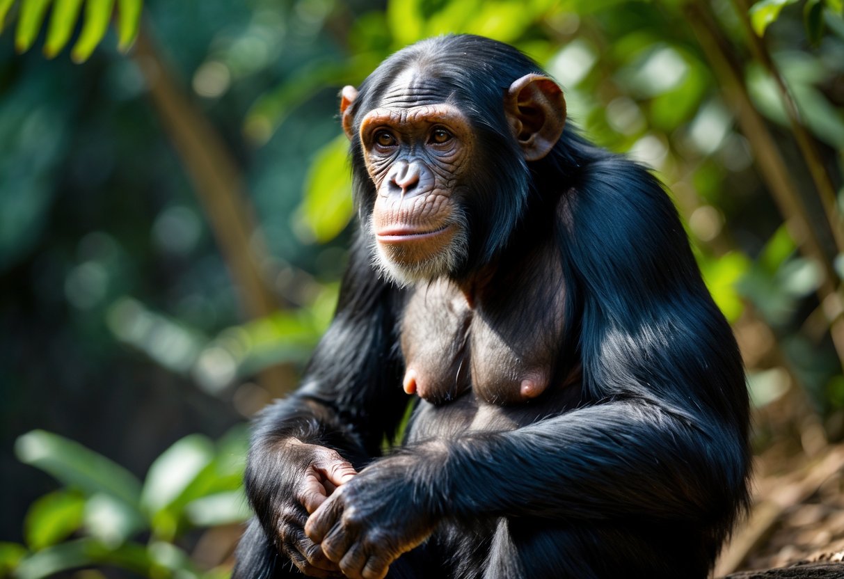 A chimpanzee sitting outdoors looking thoughtful and curious.