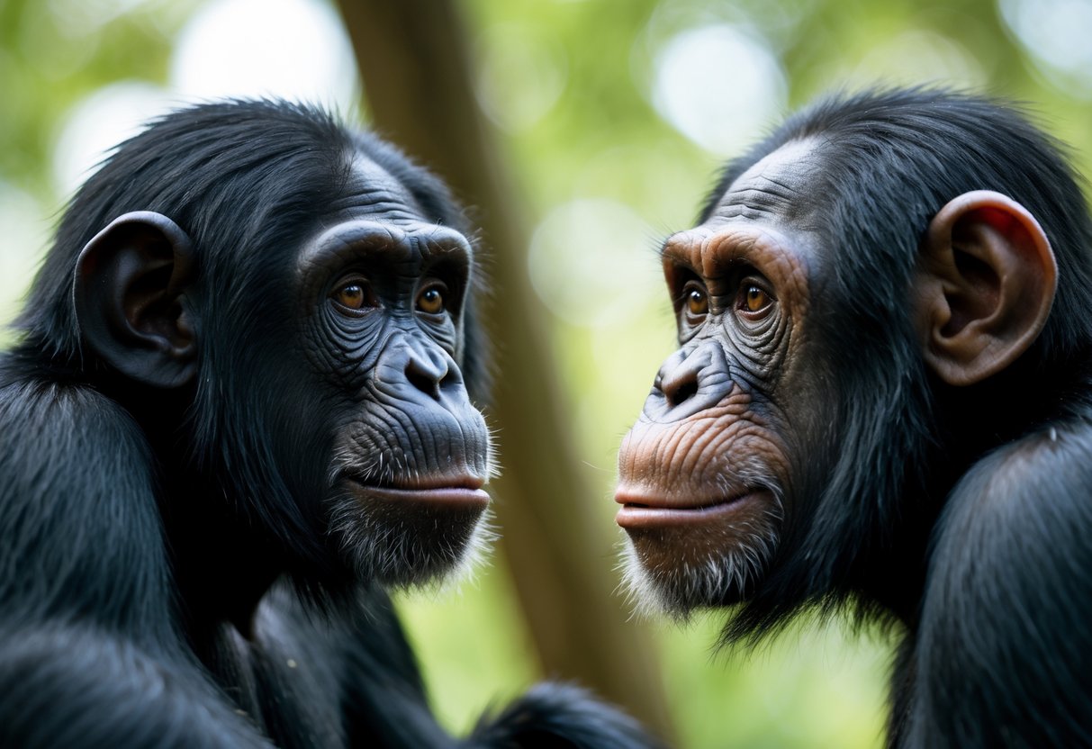 A human smiling gently at a chimpanzee who looks back with a neutral expression in a natural outdoor setting.