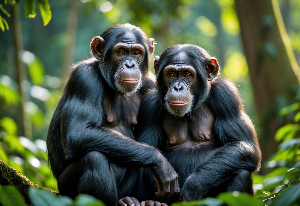Two chimpanzees sitting closely together in a green forest, showing a gentle and affectionate interaction.
