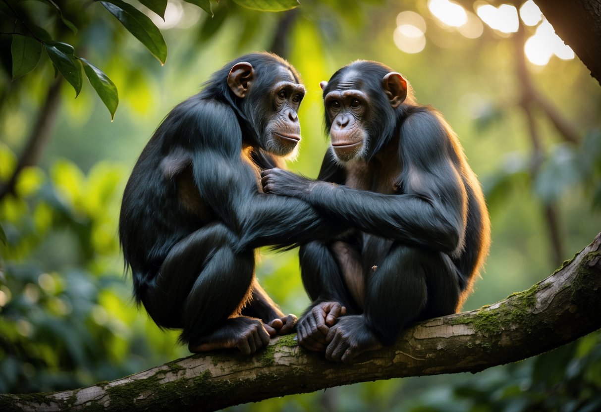 Two chimpanzees sitting close together on a tree branch in a forest, gently touching each other.