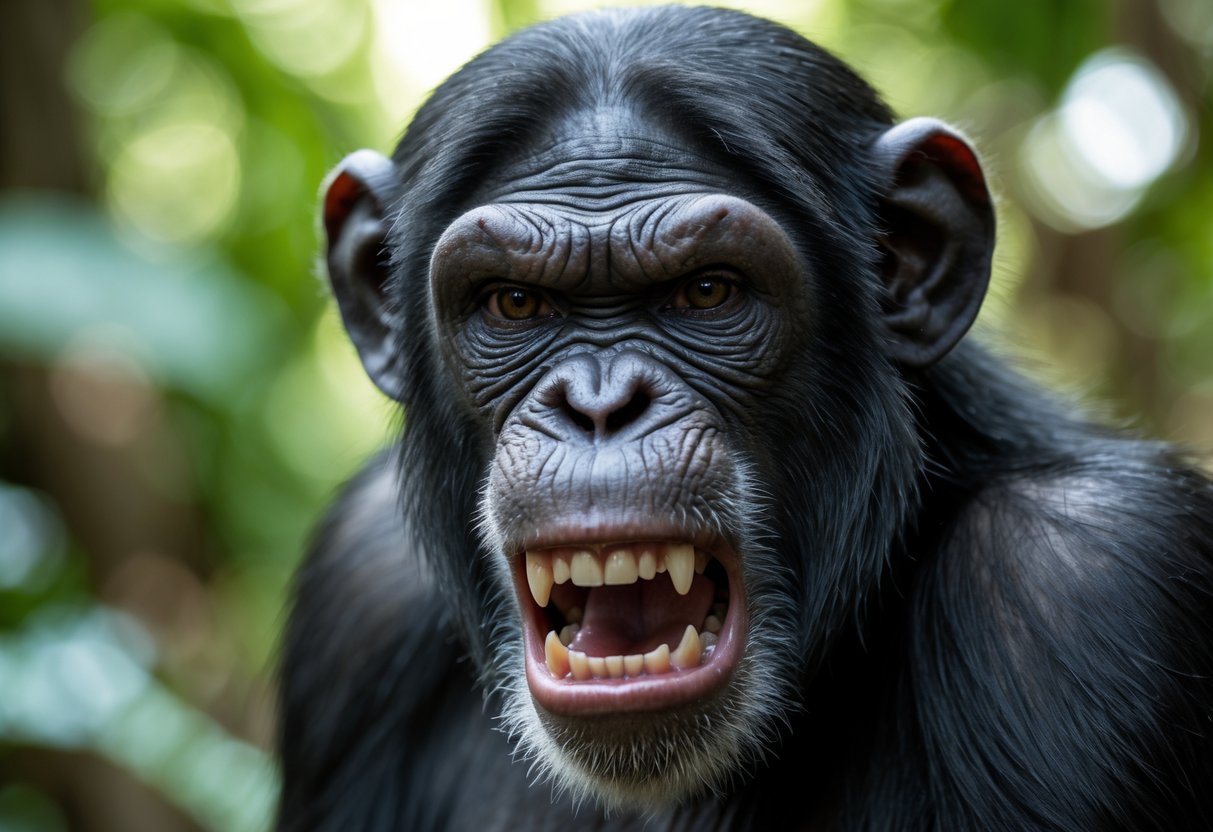 Close-up of an angry chimpanzee showing its teeth in a jungle setting.
