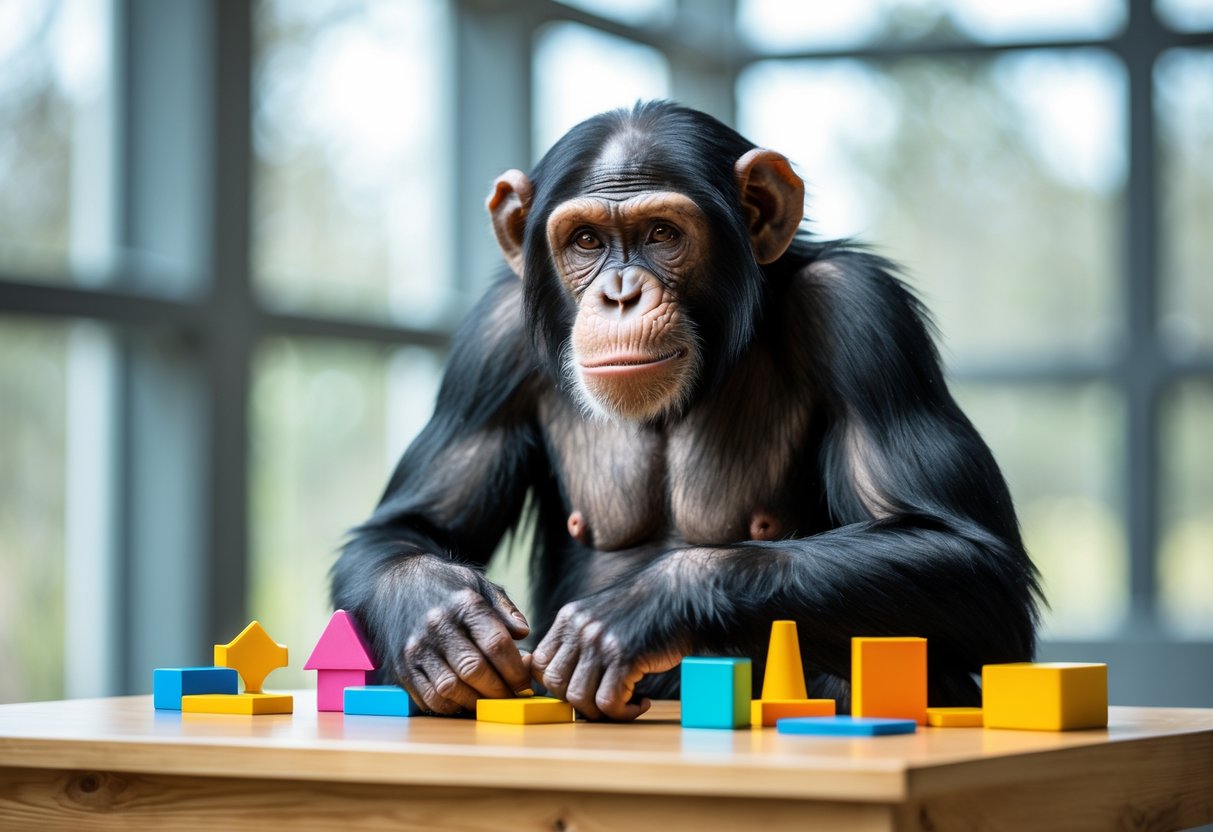 A chimpanzee sitting at a table with puzzles and cognitive testing tools in a bright indoor research setting.