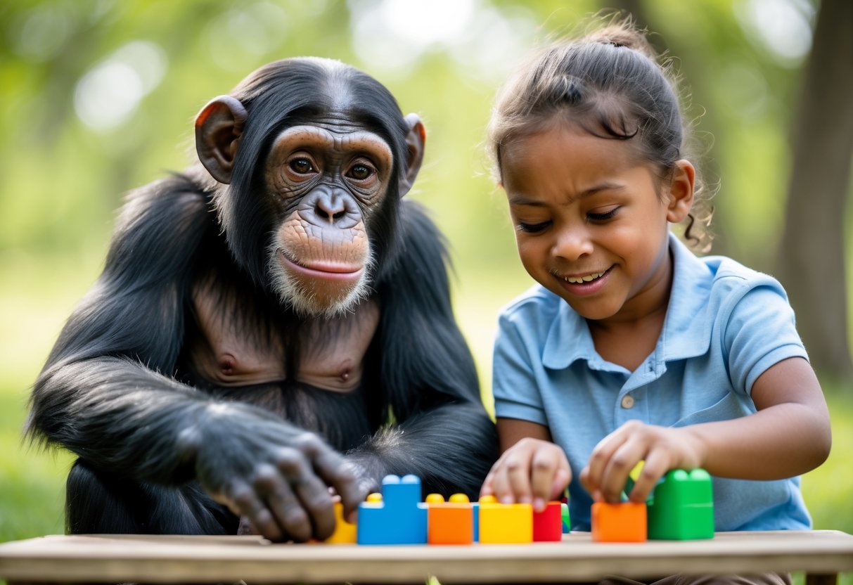A young chimpanzee and a 7-year-old child sitting together outdoors, focused on colorful puzzle pieces on a table between them.