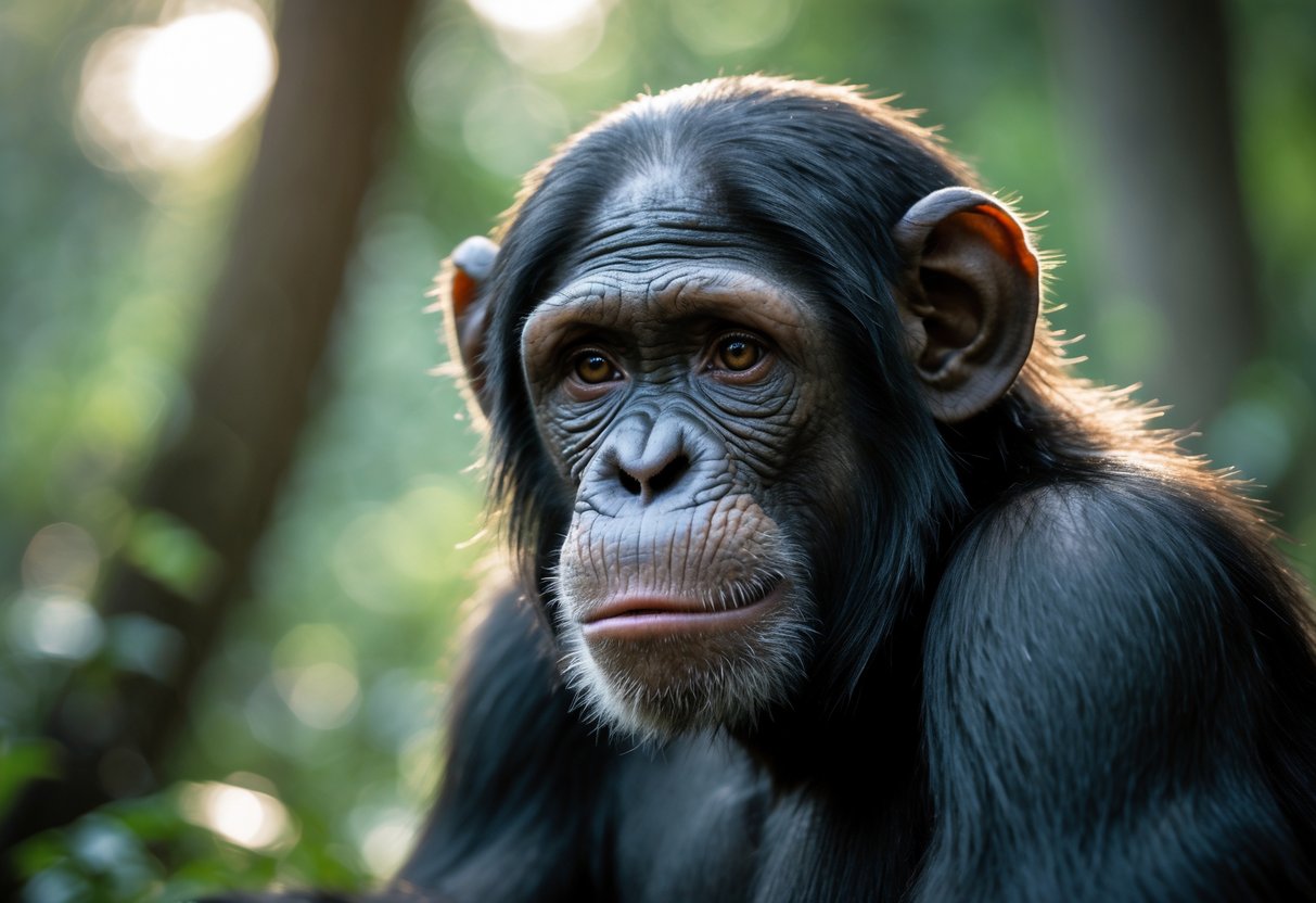 Close-up of a chimpanzee with tears near its eyes sitting in a forest.