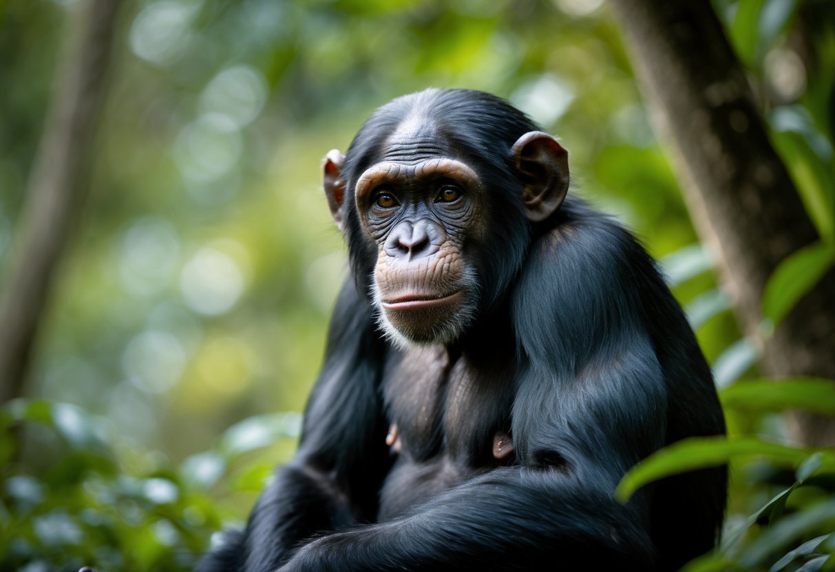 A close-up of a chimpanzee sitting in a forest, looking thoughtfully towards the camera.