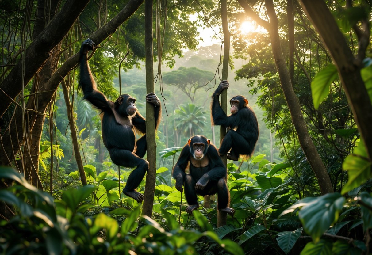 A group of chimpanzees interacting and climbing trees in a dense forest with sunlight filtering through the leaves.