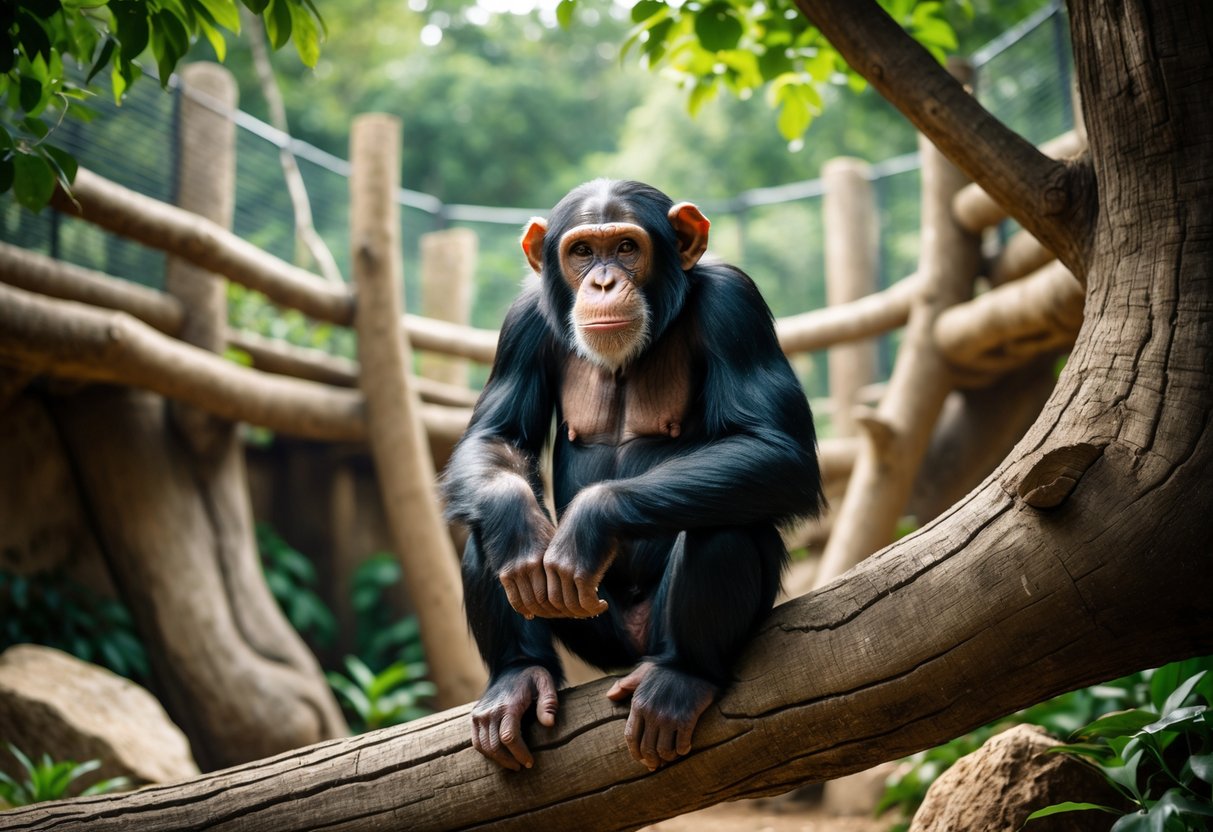 A chimpanzee sitting on a tree branch inside a spacious, naturalistic zoo enclosure surrounded by greenery and climbing structures.