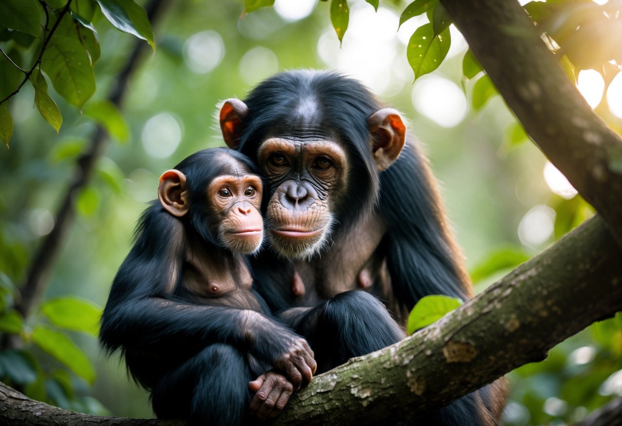 A young chimpanzee resting closely with its mother on a tree branch in a forest.